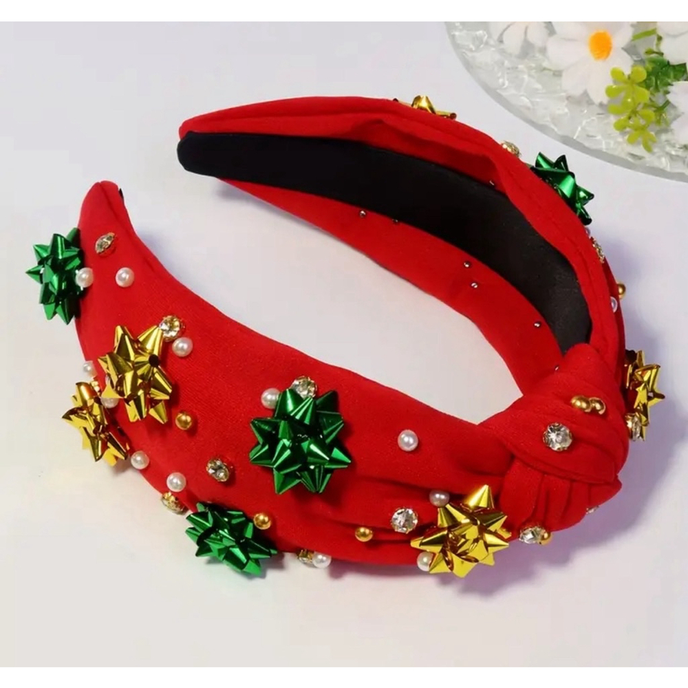 Red Top Knot Headband With Faux Pearls and Christmas Gift Bow Embellishments
